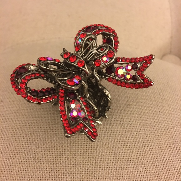 Pretty Bow red and silver hair claw clip - Picture 1 of 12
